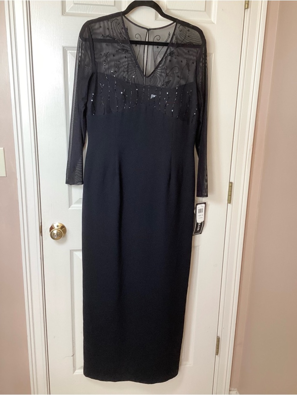 Karen Miller NWT Black Long-Sleeve Evening Dress with Sheer Beaded Yoke - 10